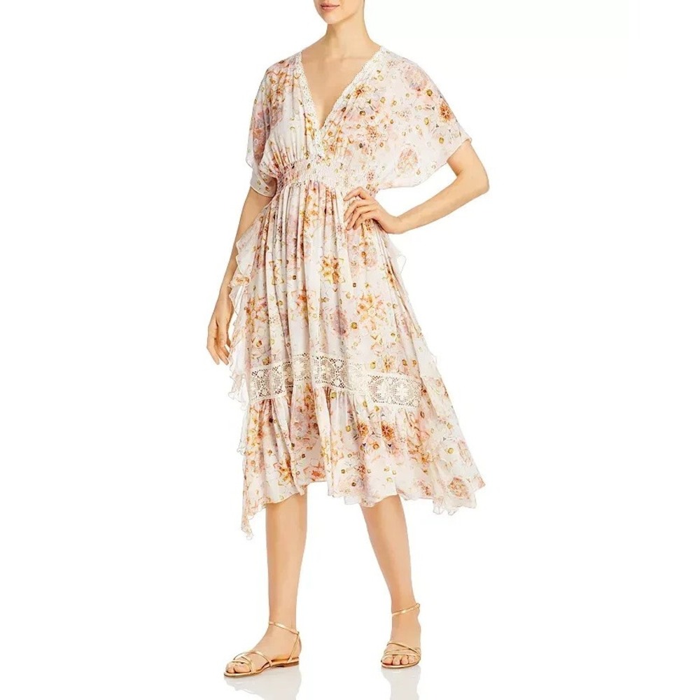 Johnny Was Odeya Silk Ruffled Midi Dress M Cottagecore Boho Coastal Elegant